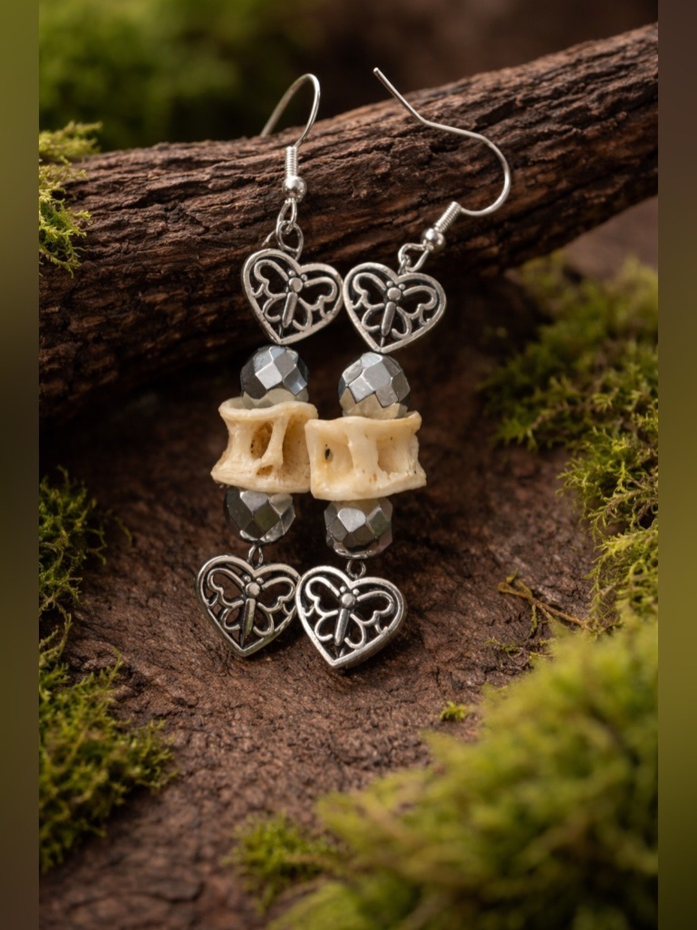 Bone the One You Love • Love Anarchy Artisan Earrings 925 Hooks Silver Hematite